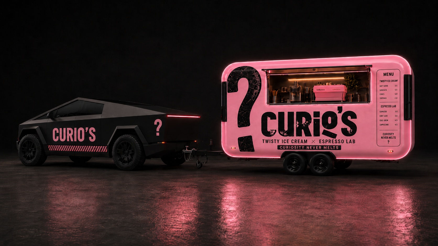 The pink CURIOS mobile espresso and soft-serve trailer